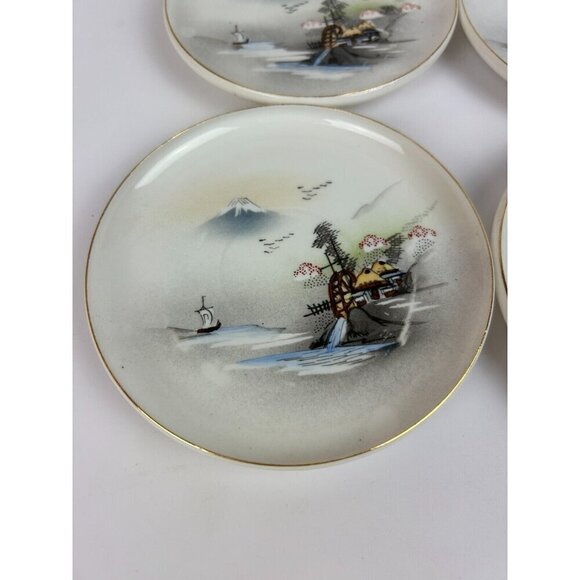 Japanese Kutani Porcelain Meiji 1850s Artwork Set of 6 Saucers Gold Rim RARE - Picture 3 of 8